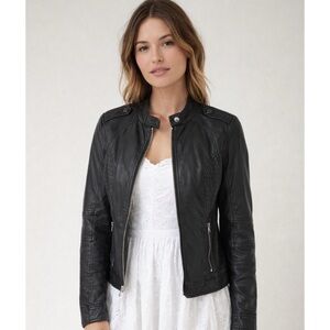 Hollister Black Faux Leather Moto Jacket Quilted Panel Zip Front